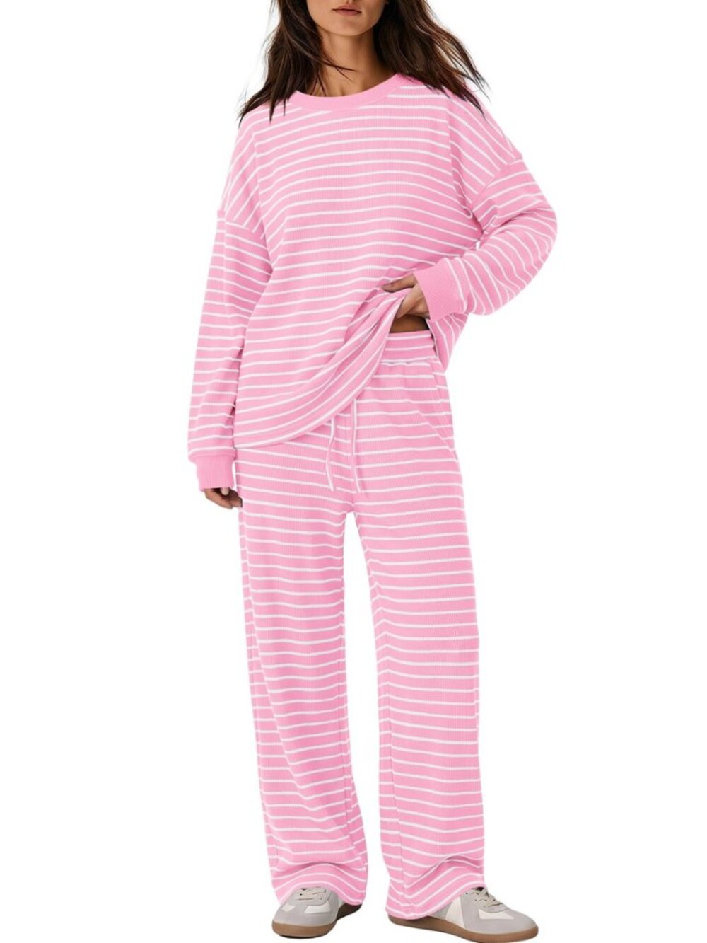 Womens Waffle Knit Matching Lounge Sets Striped Fall Pajamas
